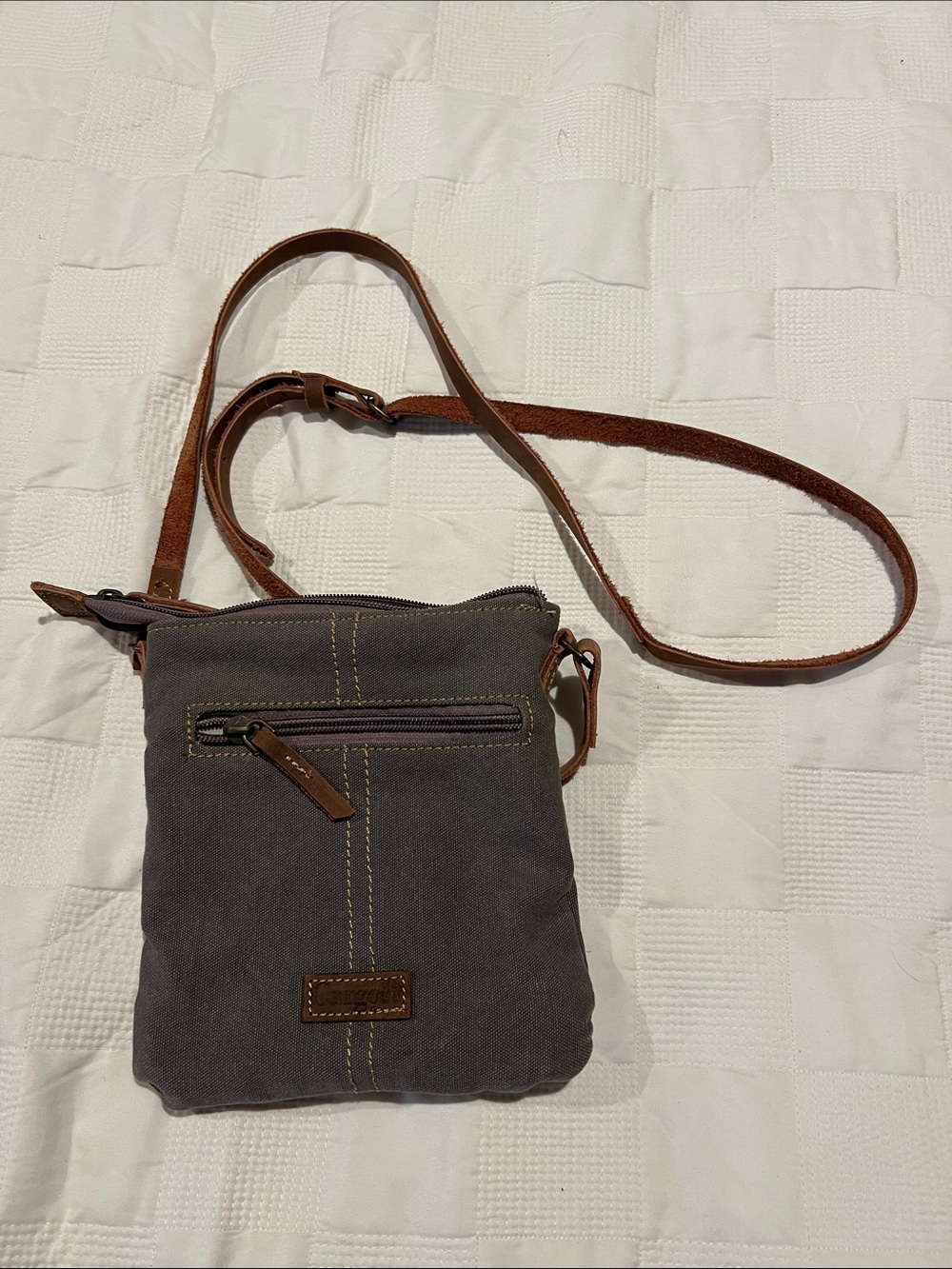 Canvas Crossbody Bag with Brown Leather Trim - Gray